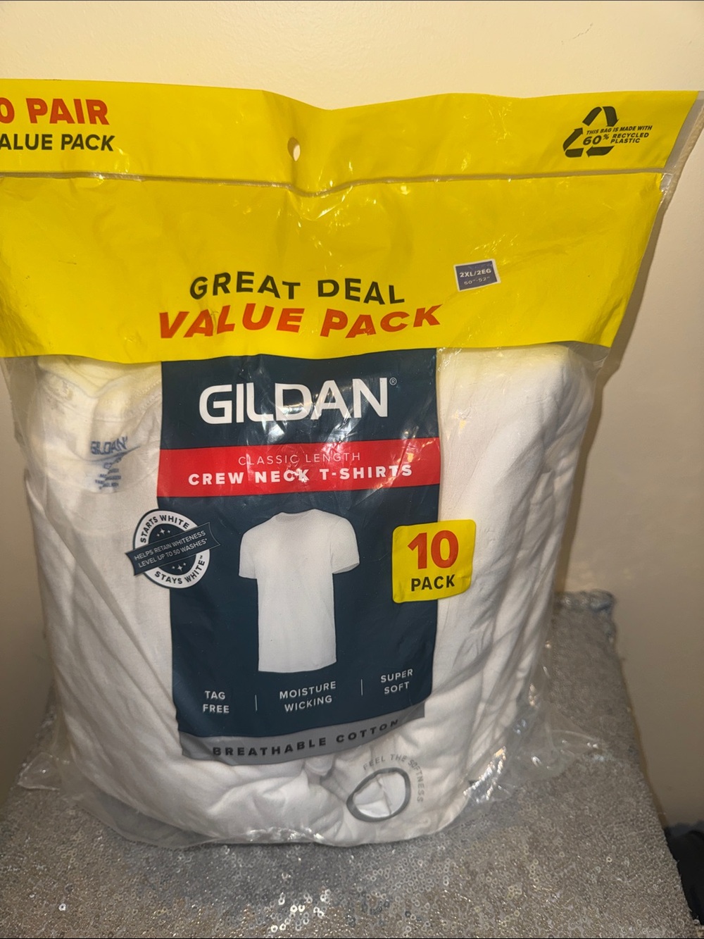 Gildan White Crew Neck T-Shirts Value Pack with Yellow Packaging